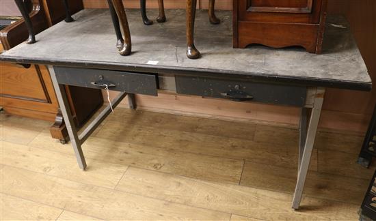 A metal two drawer table, W.152cm